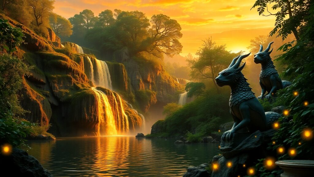 Golden Waterfalls at Twilight – free AI stock image