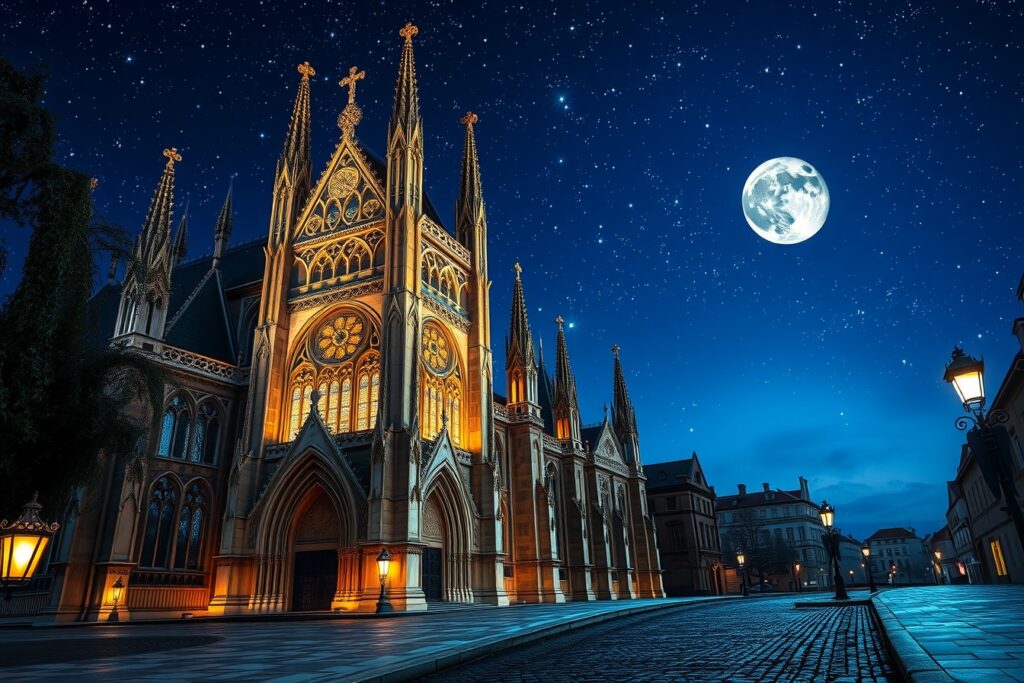 Gothic Cathedral Under Starry Night Sky – free AI stock image