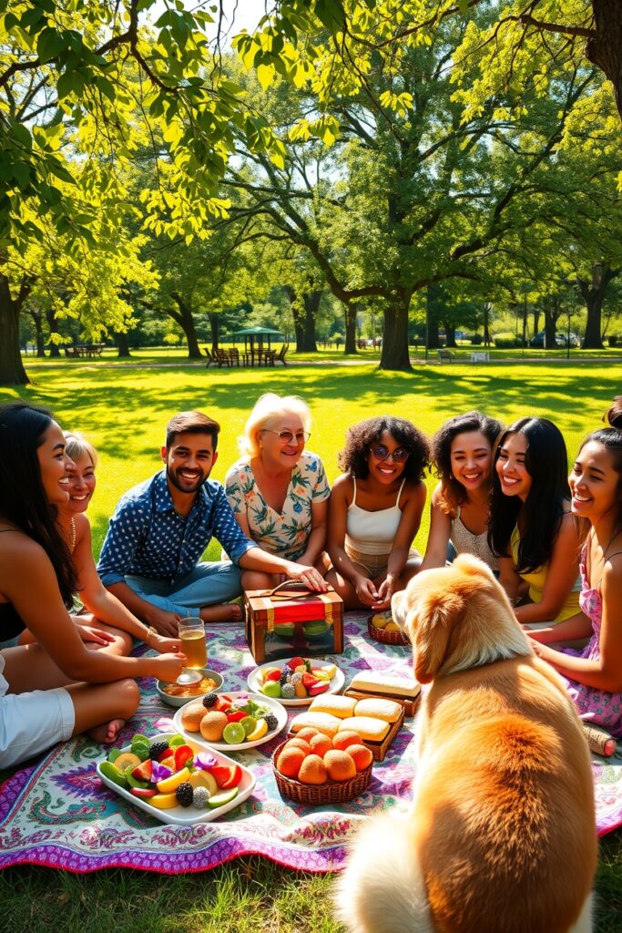 Group of Friends Enjoying a Picnic Outdoors – free AI stock image