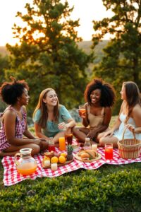 Group of Friends Enjoying a Sunset Picnic – free AI stock image