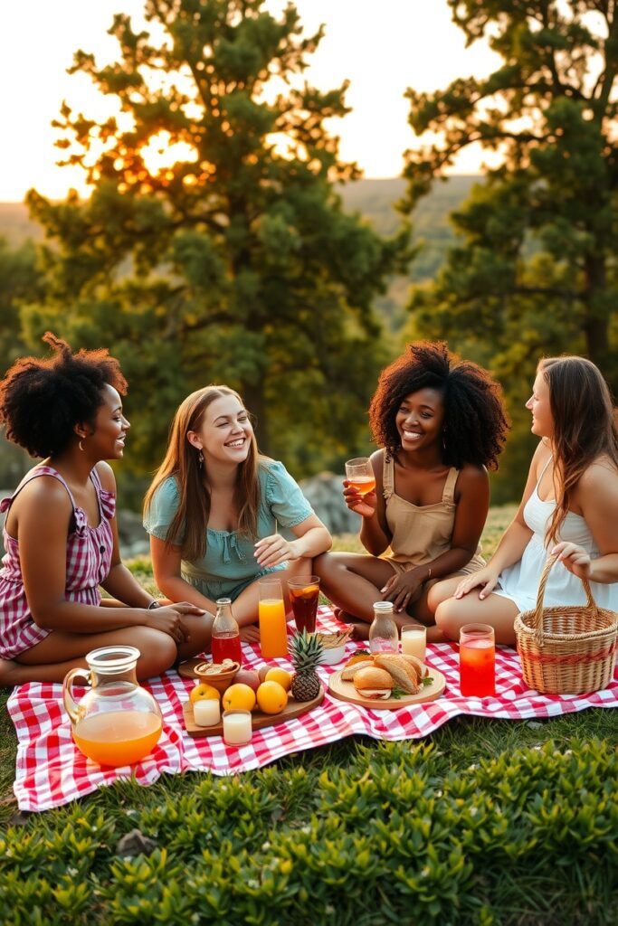 Group of Friends Enjoying a Sunset Picnic – free AI stock image