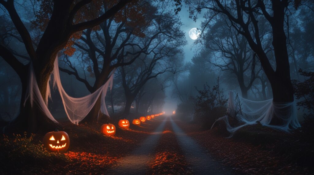 Haunted Forest Pathway on Halloween Night – free AI stock image