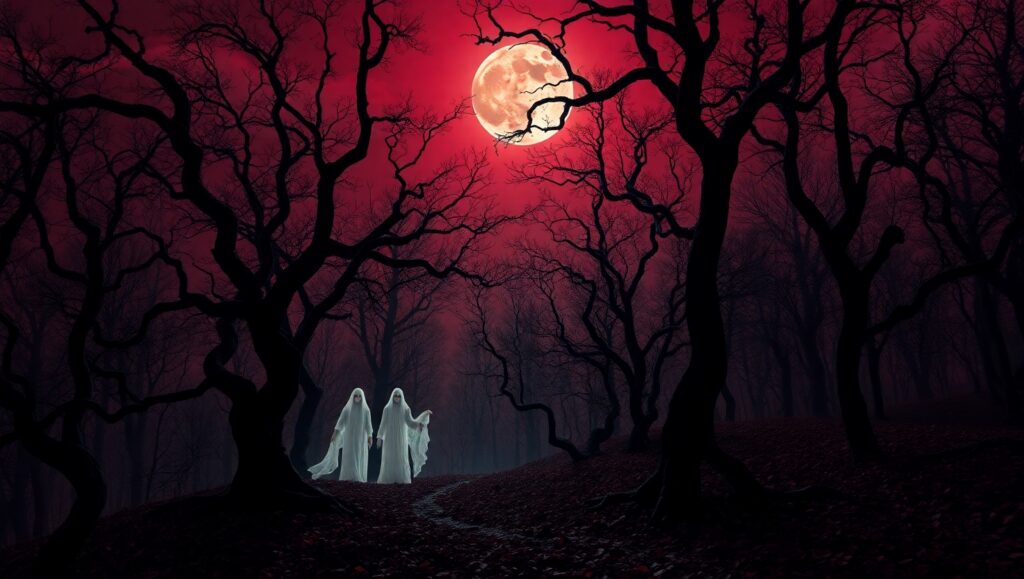 Haunted Forest Under Blood-Red Moon – free AI stock image