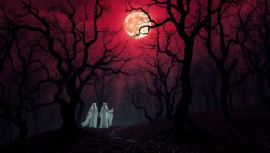 Haunted Forest Under Blood-Red Moon – free AI stock image