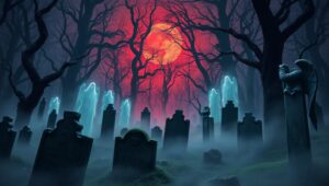 Haunted Forest Under Red Moon – free AI stock image