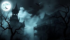 Haunted Mansion in Foggy Night – free AI stock image