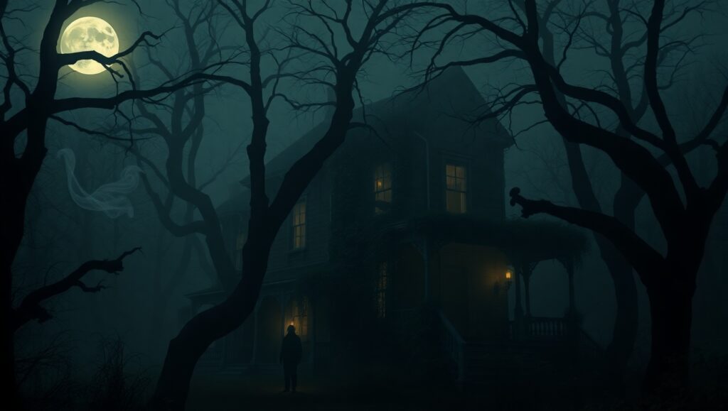 Haunting Night in Foggy Forest – free AI stock image