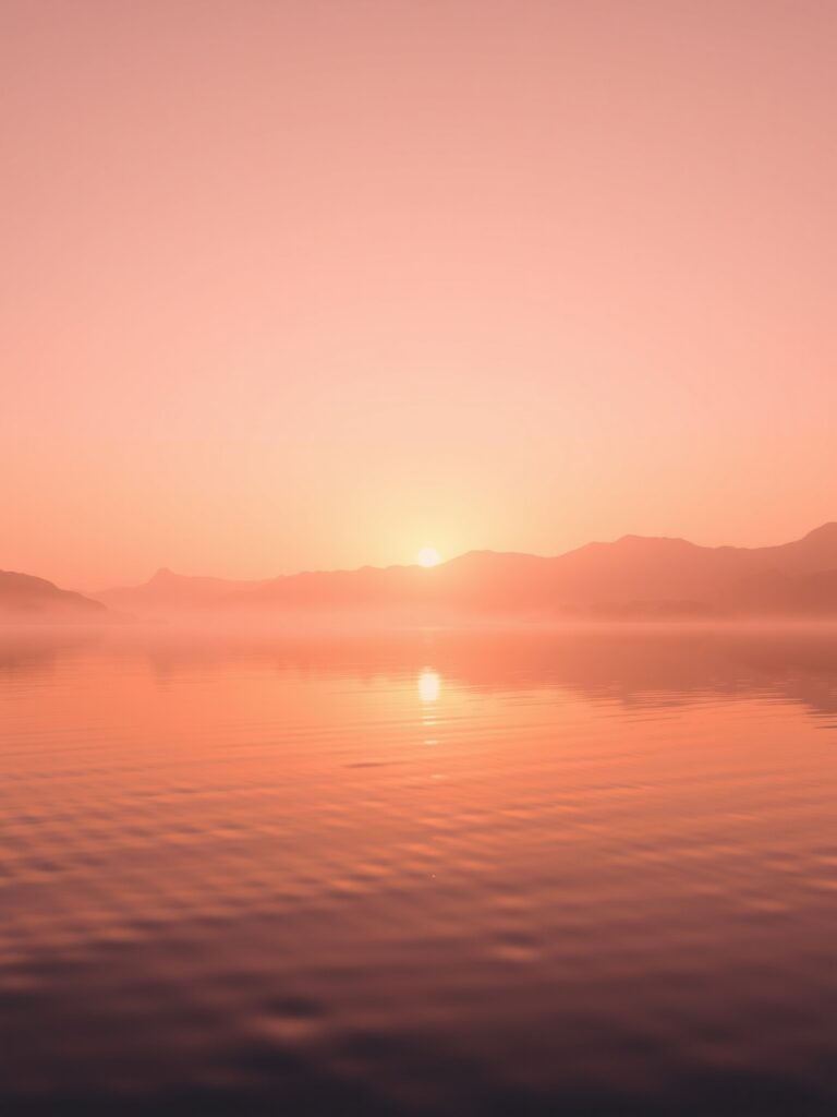 Hazy Sunrise Over a Tranquil Lake – free AI stock image