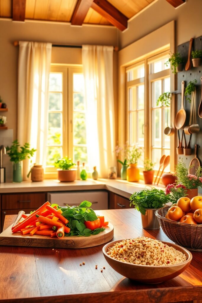 Healthy Cooking in a Sunlit Kitchen – free AI stock image