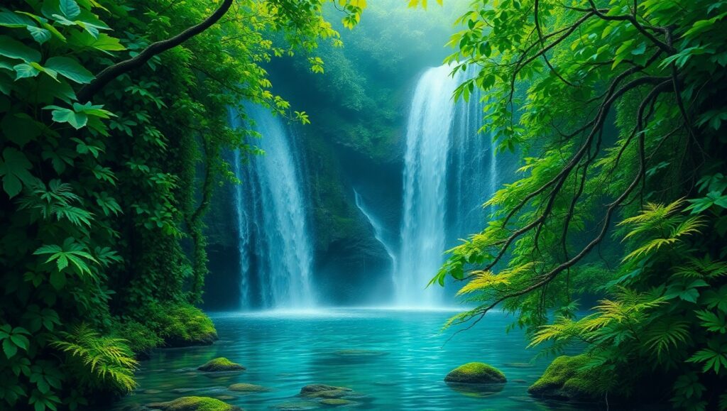 Hidden Waterfall in Pointillism Style – free AI stock image