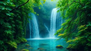 Hidden Waterfall in Pointillism Style – free AI stock image