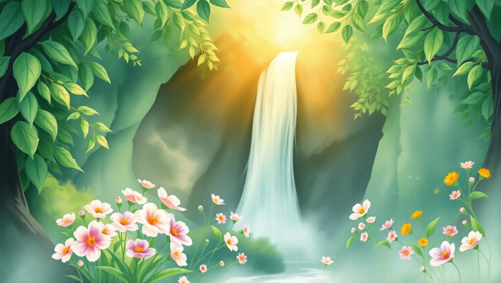 Hidden Waterfall in Watercolor – free AI stock image