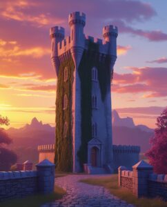 Historic Castle Tower Against a Sunset – free AI stock image