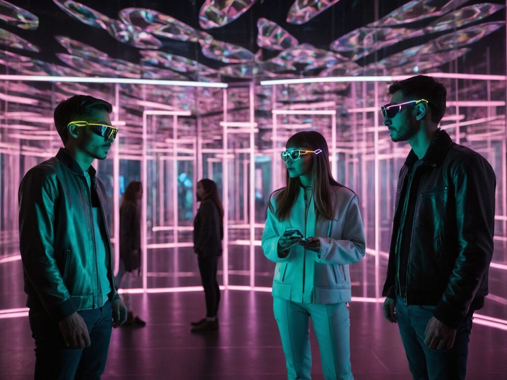 Humans Interacting with Futuristic Gadgets – free AI stock image