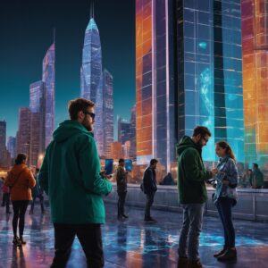Humans Interacting with Futuristic Technology – free AI stock image