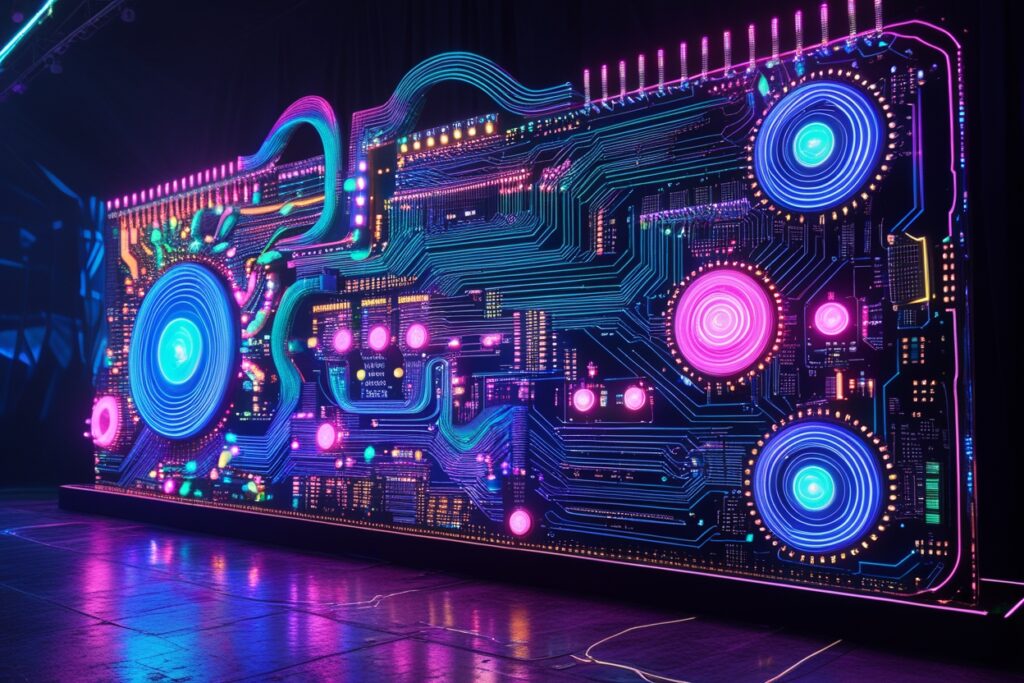 Illuminated Circuit Board Festival Display – free AI stock image