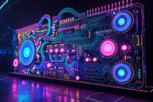 Illuminated Circuit Board Festival Display – free AI stock image