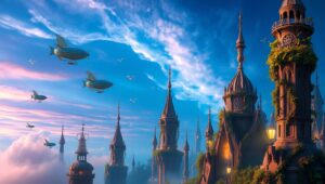 Illuminated Floating Cityscape – free AI stock image
