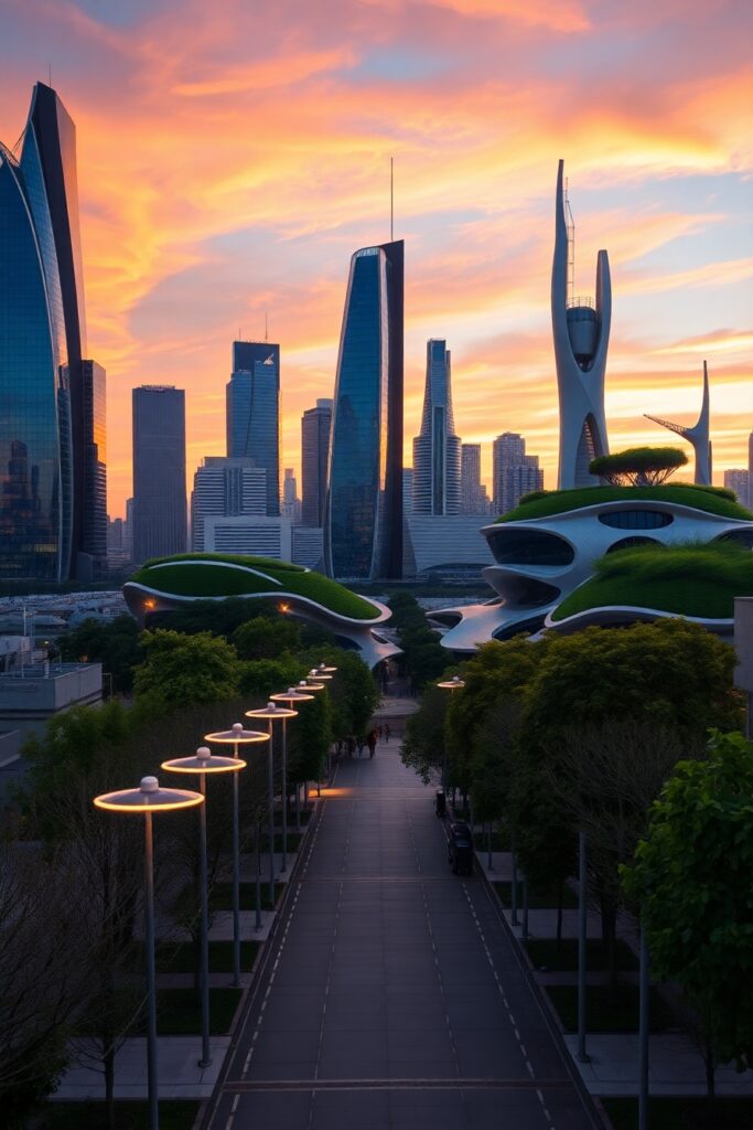 Innovative Urban Architecture at Sunset – free AI stock image