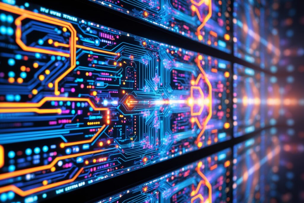 Intricate Circuit Patterns on Computer Screens – free AI stock image