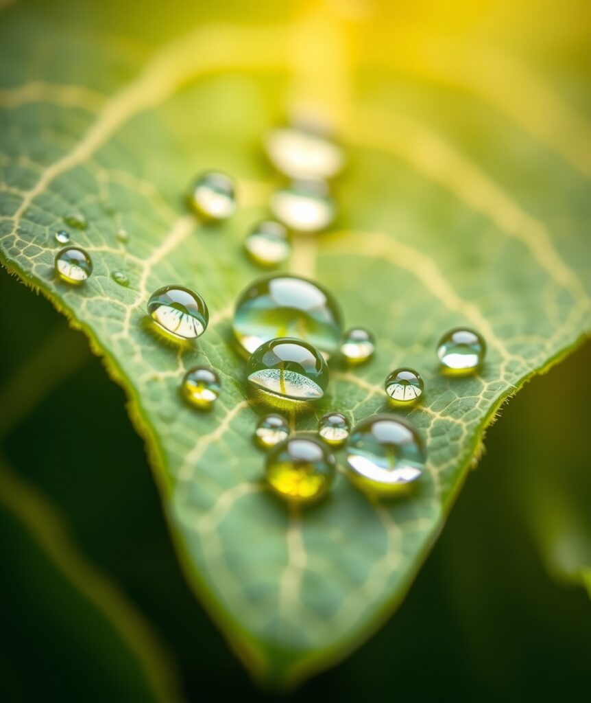 Intricate Droplets on Green Leaves – free AI stock image