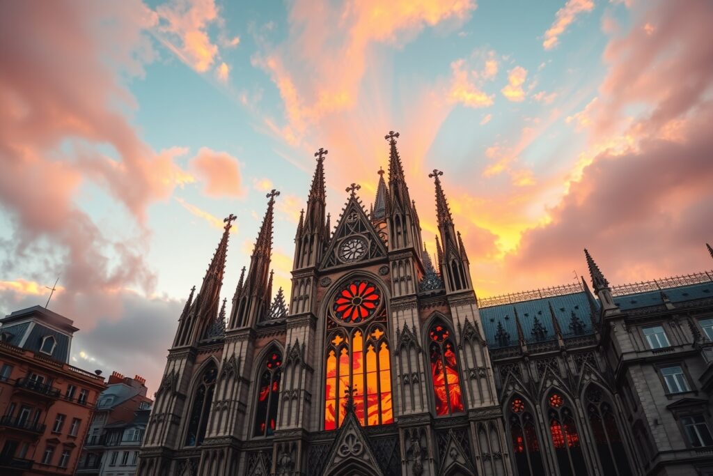 Intricate Gothic Cathedral Against a Sunset – free AI stock image
