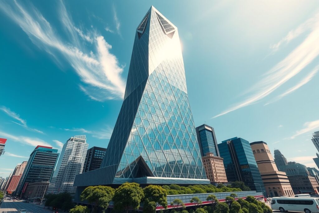 Intricate Modern Skyscraper Against Blue Sky – free AI stock image