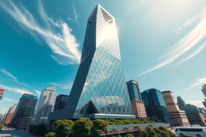 Intricate Modern Skyscraper Against Blue Sky – free AI stock image