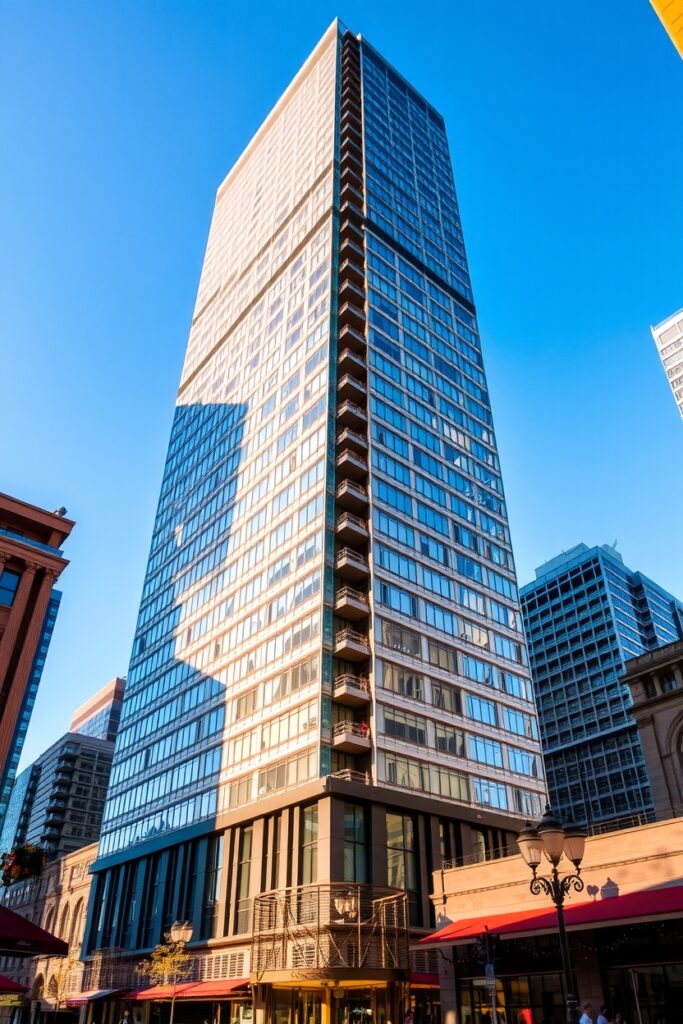 Intricate Modern Skyscraper Against Clear Blue Sky – free AI stock image