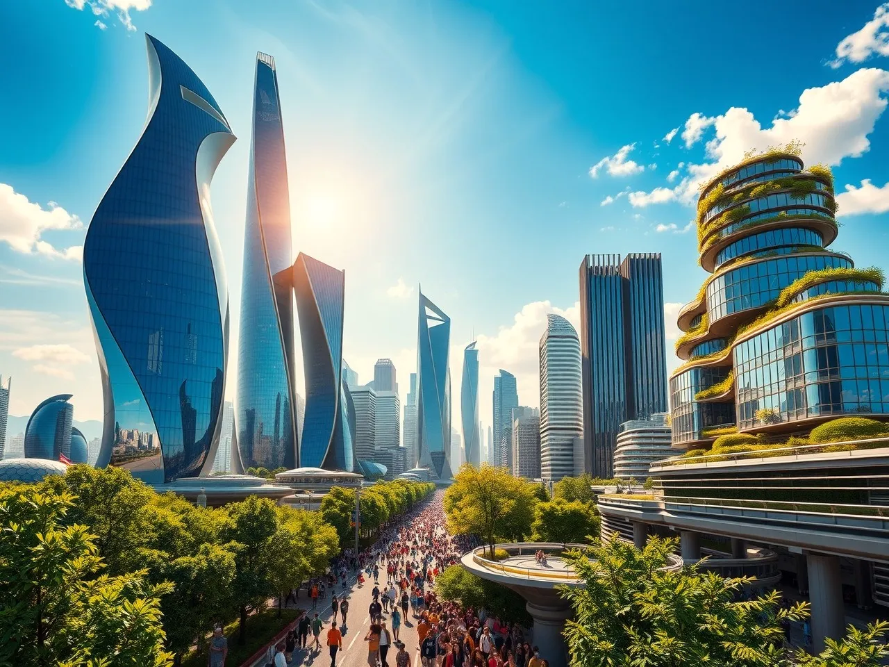Intricate Modern Skyscrapers Against a Blue Sky