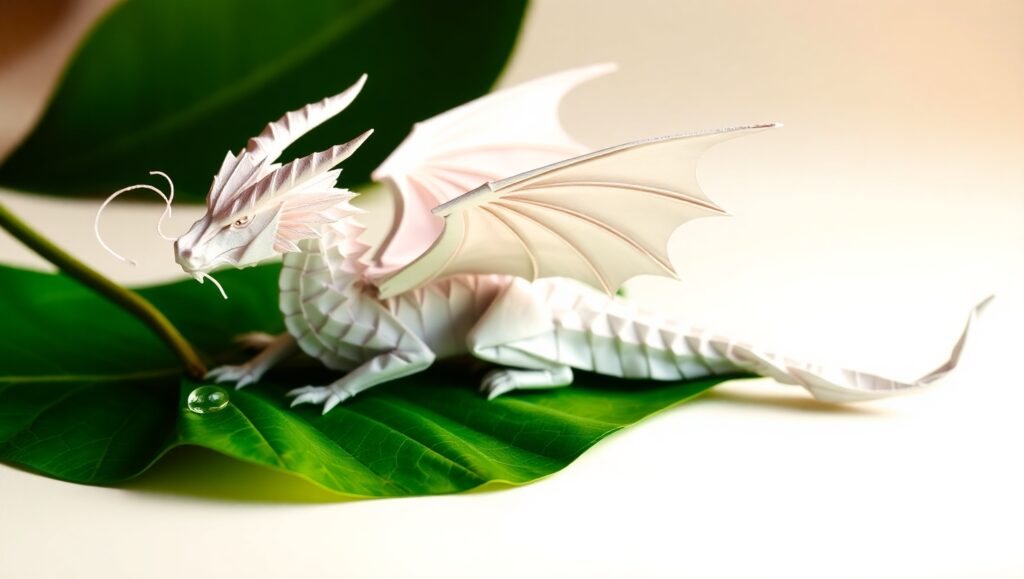 Intricate Origami Dragon on Leaf – free AI stock image