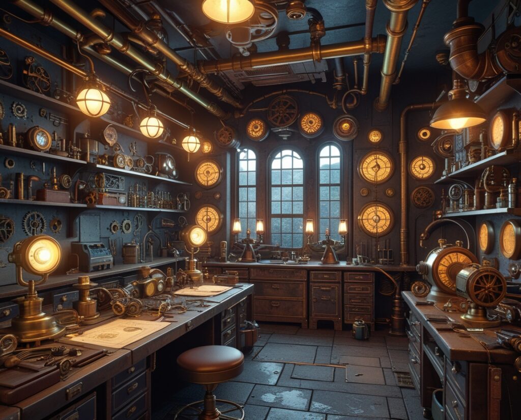 Intricate Steampunk Gadget Workshop Design – free AI stock image
