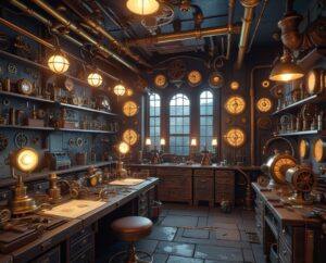 Intricate Steampunk Gadget Workshop Design – free AI stock image