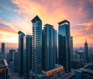 Intricate Urban Skyline at Dusk – free AI stock image