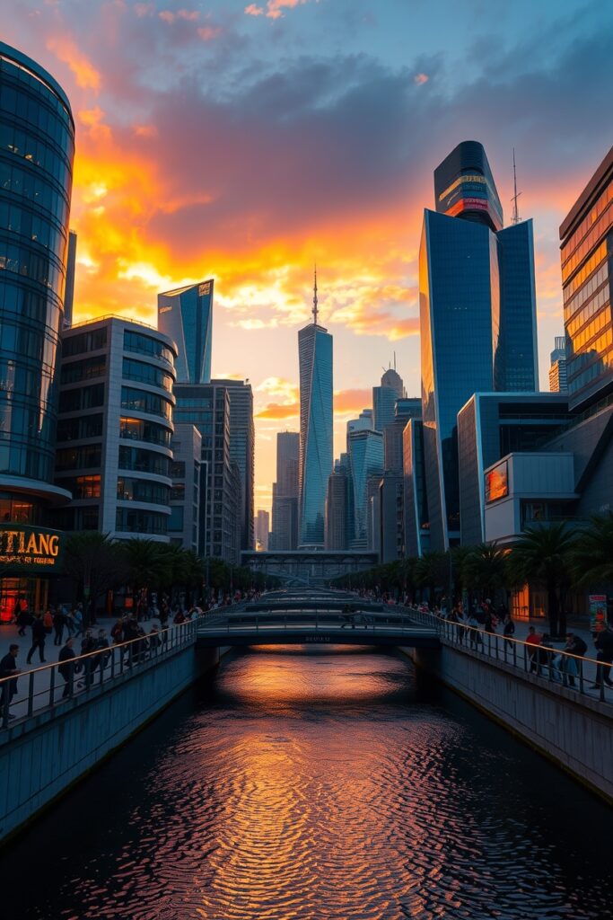 Intricate Urban Skyline at Dusk – free AI stock image