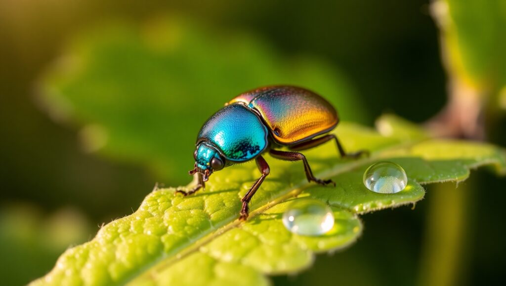Iridescent Beetle in Morning Light – free AI stock image