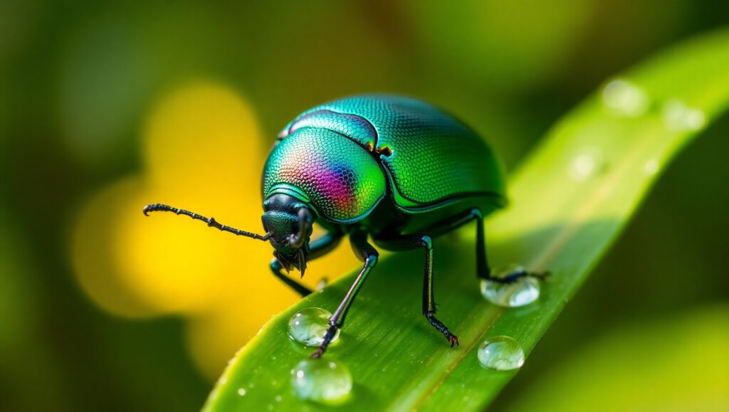Iridescent Beetle on Dewy Leaf – free AI stock image