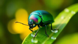 Iridescent Beetle on Dewy Leaf – free AI stock image
