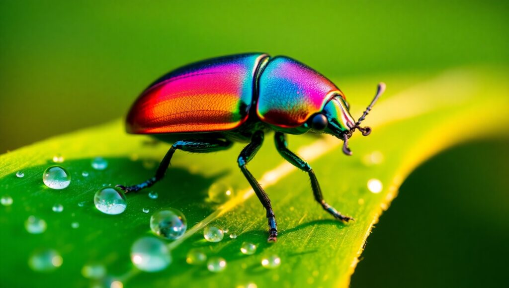 Iridescent Beetle on Dewy Leaf – free AI stock image