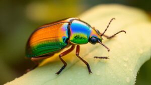 Iridescent Beetle on Dewy Leaf – free AI stock image