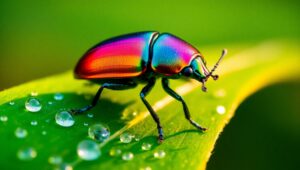 Iridescent Beetle on Dewy Leaf – free AI stock image