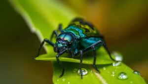 Iridescent Insect on Dewy Leaf – free AI stock image