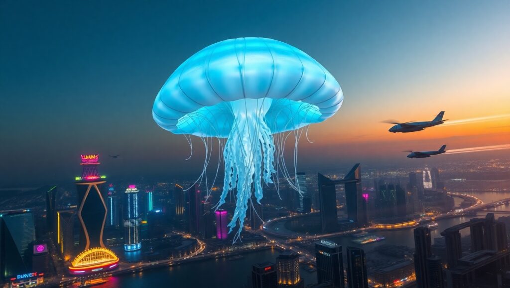 Jellyfish Over Neon City – free AI stock image