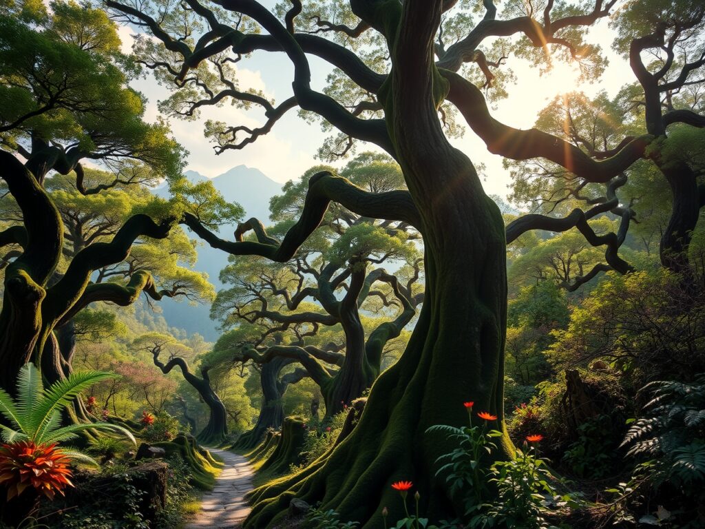 A Journey Through Enchanted Forests and Mountains – free AI stock image