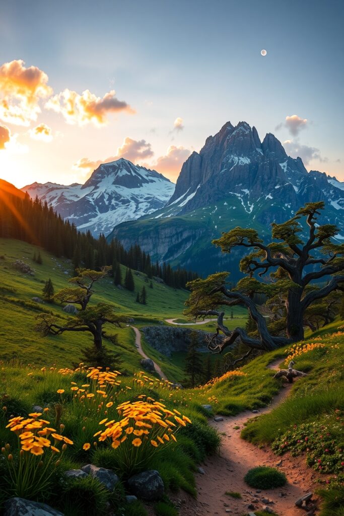 Journey Through Serene Mountain Landscapes – free AI stock image