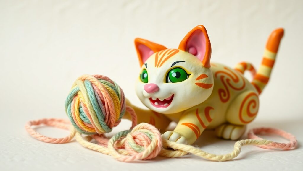 Joyful Clay Cat with Yarn – free AI stock image