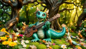 Joyful Dragon in Vibrant Forest – free AI stock image