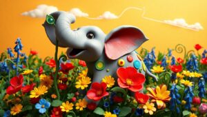 Joyful Elephant in Colorful Garden – free AI stock image