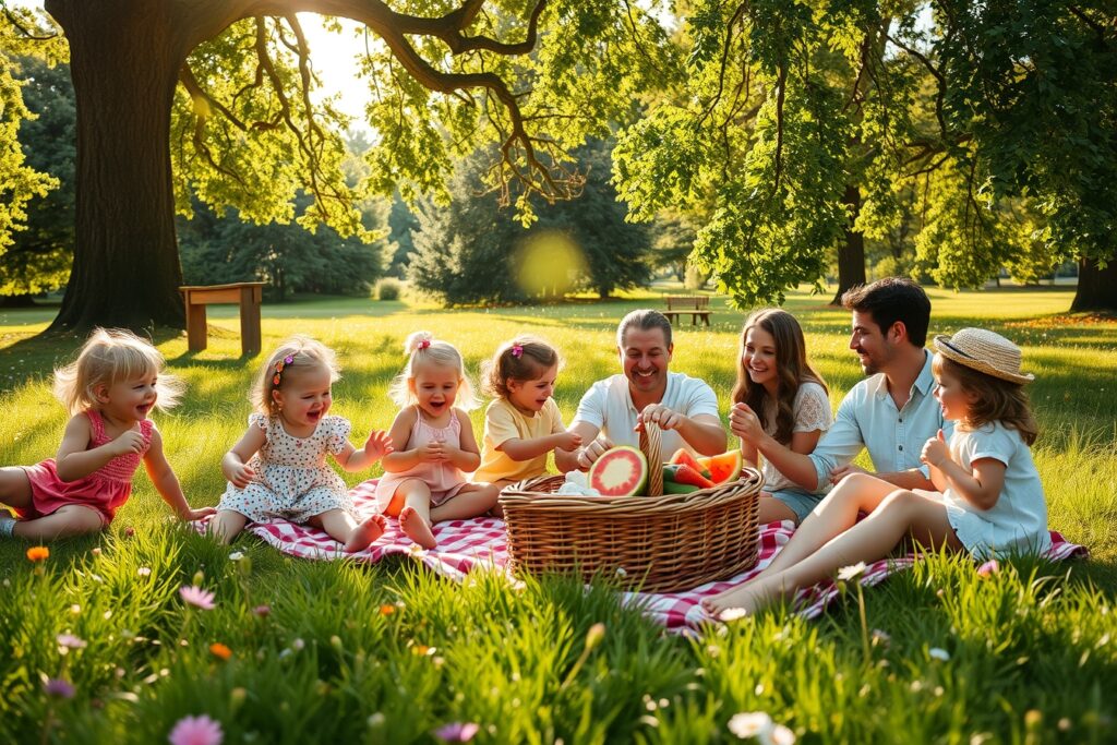 Joyful Family Gathering in a Sunlit Park – free AI stock image