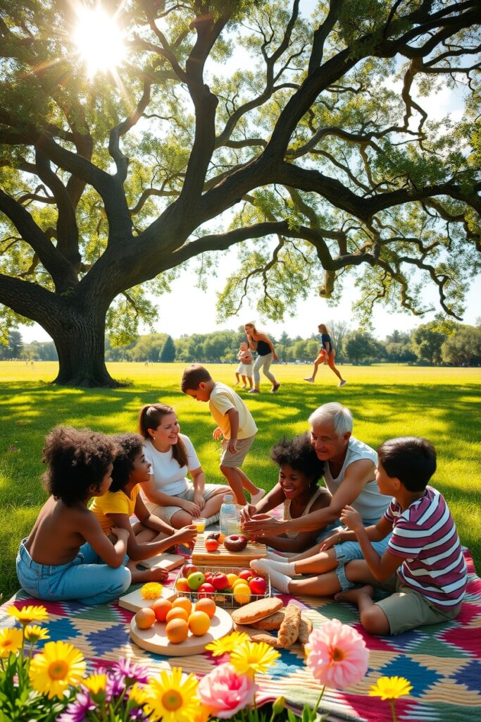 Joyful Family Gathering in a Sunny Park – free AI stock image